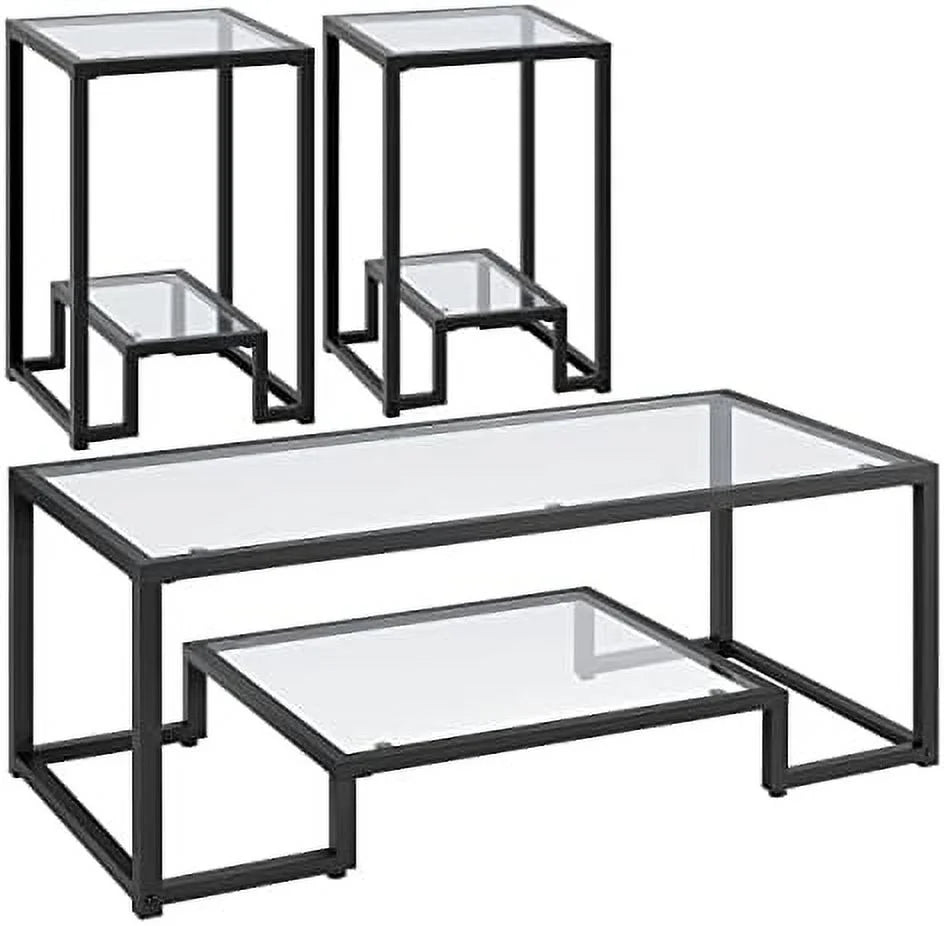 Tempered Glass Coffee Table Set of 3 Pieces Black Z816