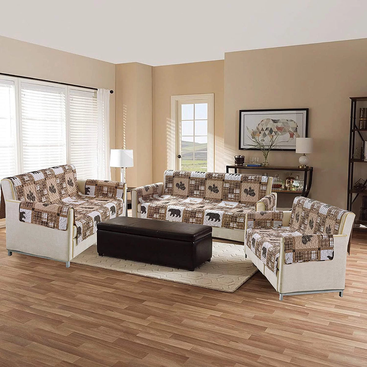 Quilted Sofa Slipcover with Plaid Wildlife Pattern R5623