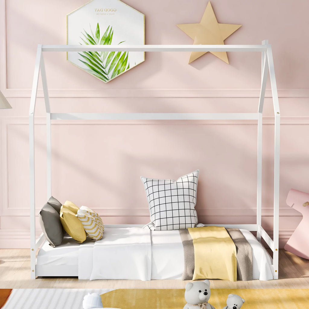 Twin Size White Wood House Bed N199