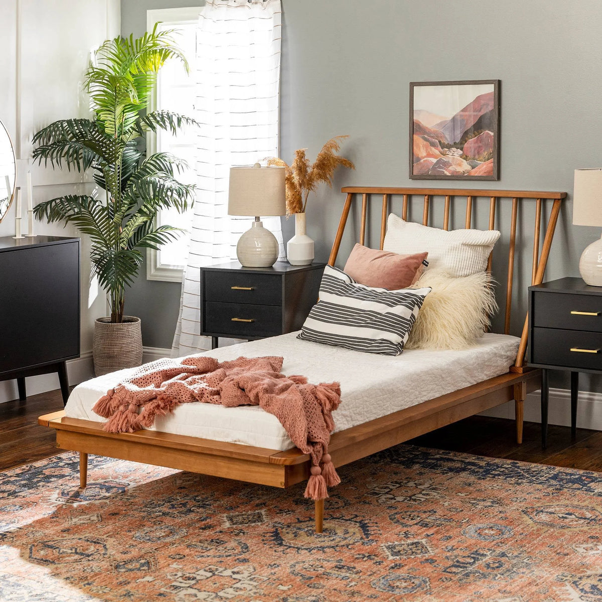 Twin Solid Wood Spindle Bed Caramel M644