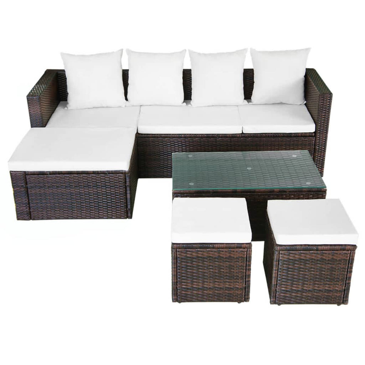 4 Piece Outdoor Conversation Set Cushioned Corner Sofa with Coffee Table and 2 Ottomans Brown Poly Rattan N51067