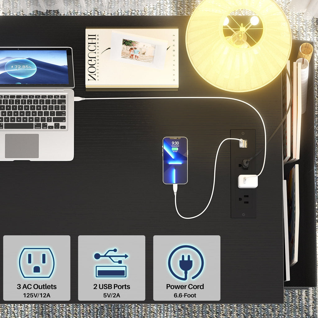 Black 47 Inch Computer Desk with Power Outlets I6591