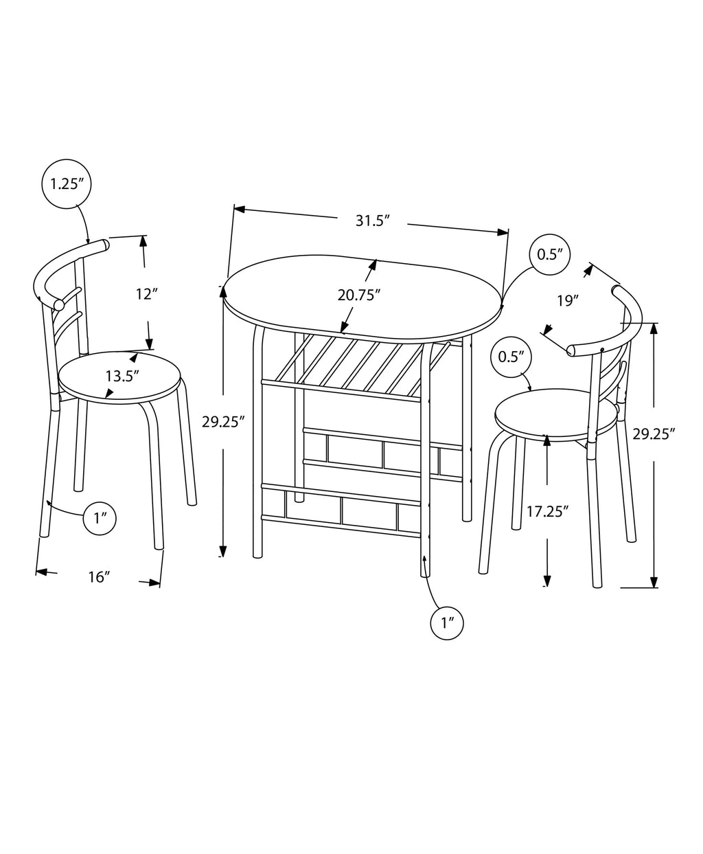 Dining Table Set 3pcs Set 32" L Metal Natural White D6791