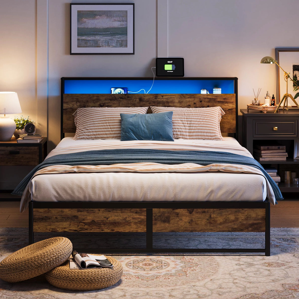 Full Size Metal Platform Bed Frame with Headboard and Storage Shelves C135