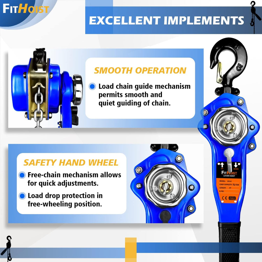 Lever Chain Hoist 1650LBS Capacity 10FT Manual Ratchet Chain Puller Hoist with 2 Hooks Pack of 2 L67926