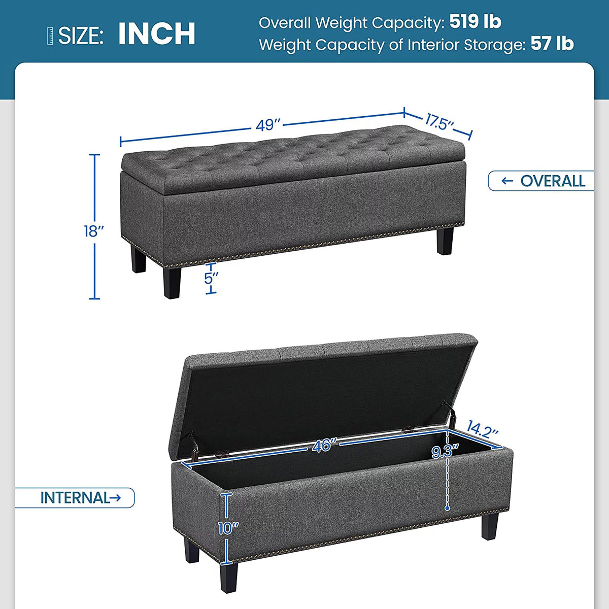 Dark Gray 50-inch Storage Ottoman O395