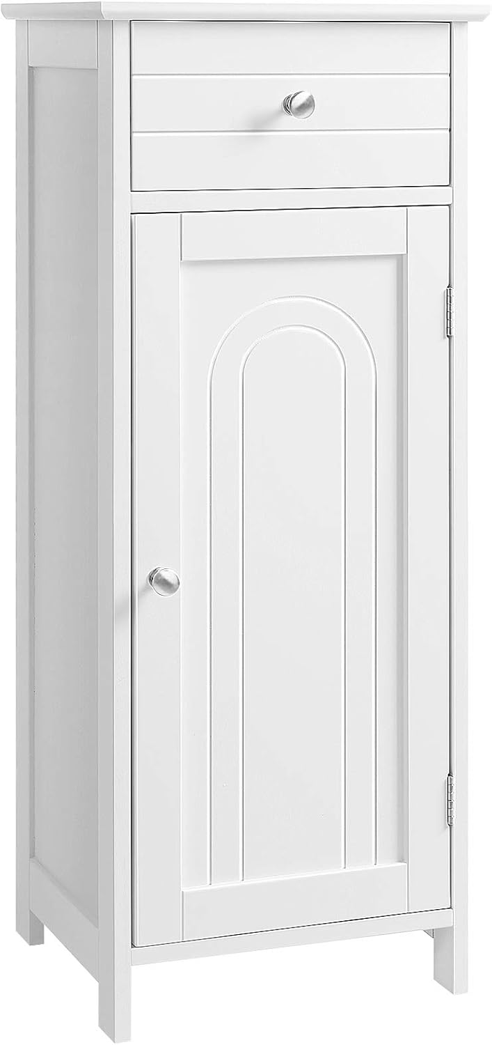 White Wooden Bathroom Floor Cabinet with Drawer and Adjustable Shelf B677580