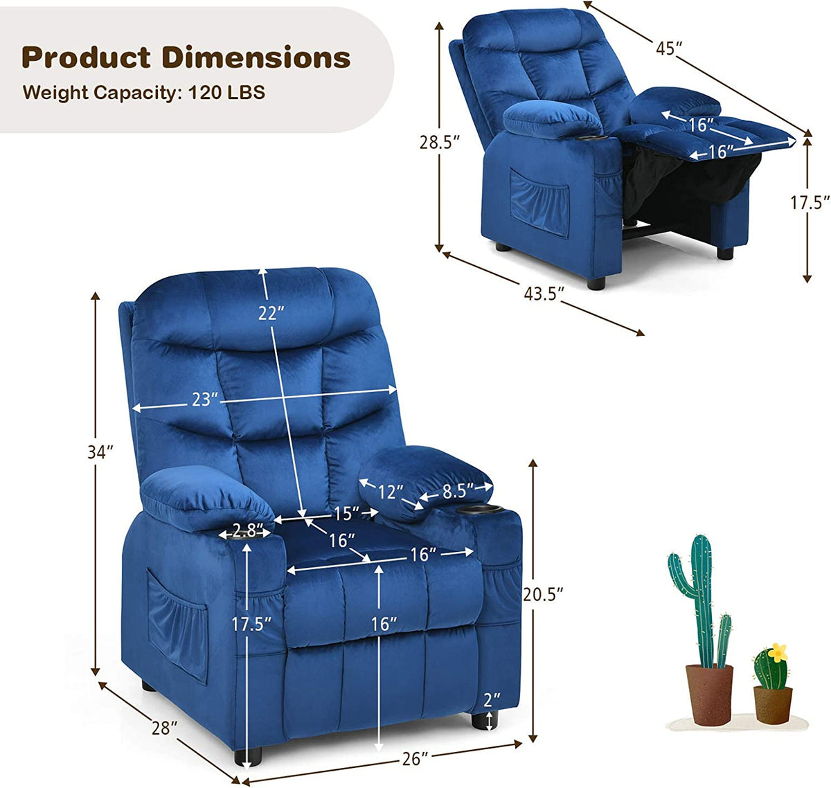 Rose Velvet Kids Recliner Chair with Cup Holder J317769