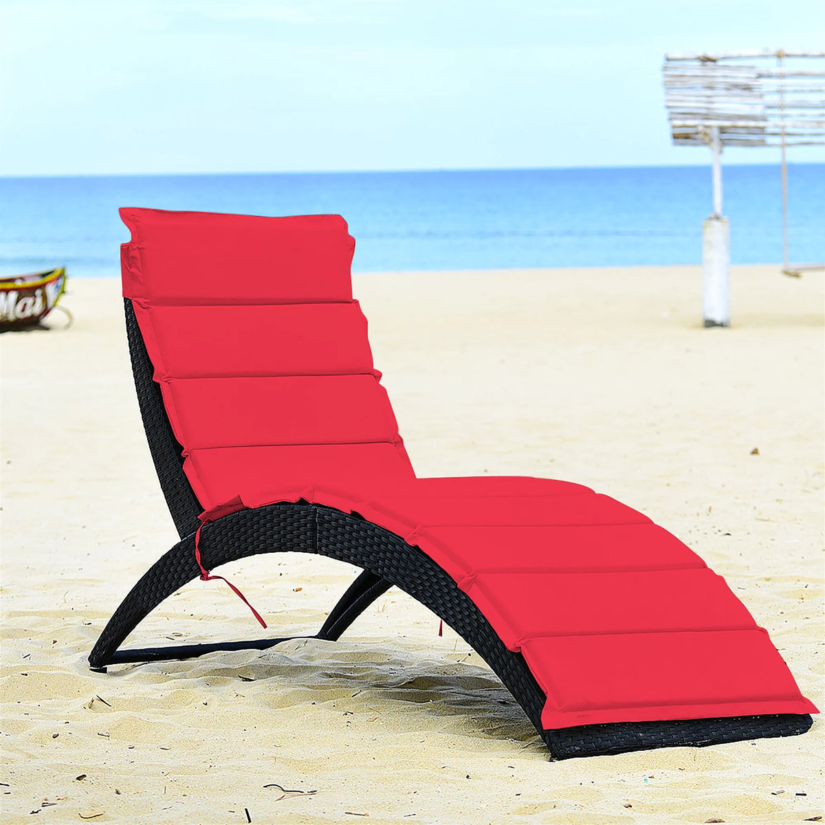 Folding Patio Rattan Lounge Chair Chaise Cushioned Red E256767