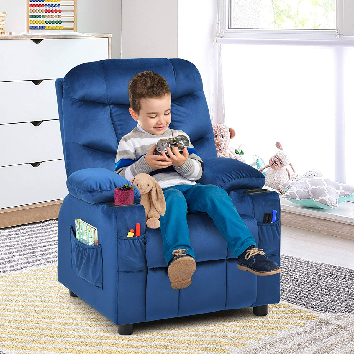 Rose Velvet Kids Recliner Chair with Cup Holder J317769