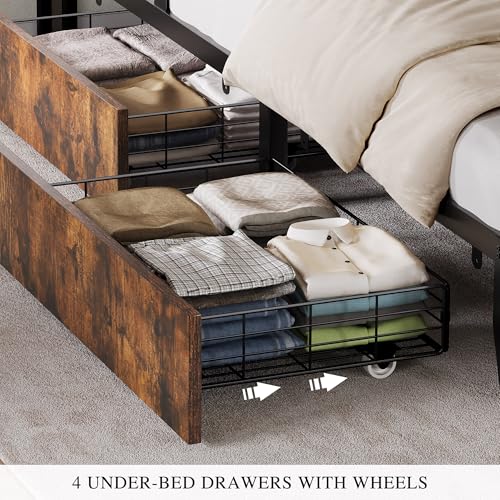 Queen Size Upholstered Platform Bed Frame with 4 Drawers and Storage Headboard Q9201
