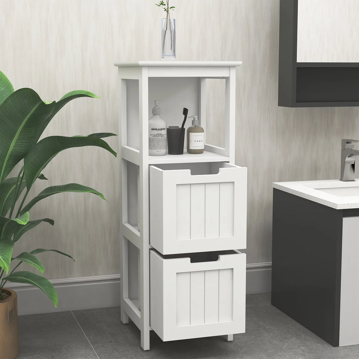 White 2 Drawer 1 Shelf Wood Bathroom Floor Cabinet X10336