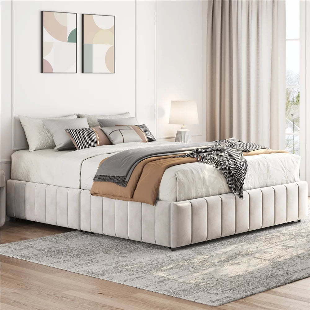 Queen Size Upholstered Bed Frame with 4 Storage Drawers, Beige T202040