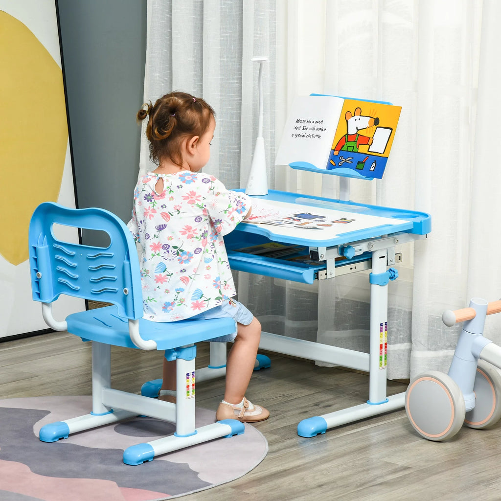 Kids Table and Chair Set with USB Lamp and Storage Drawer, Blue and White C889248