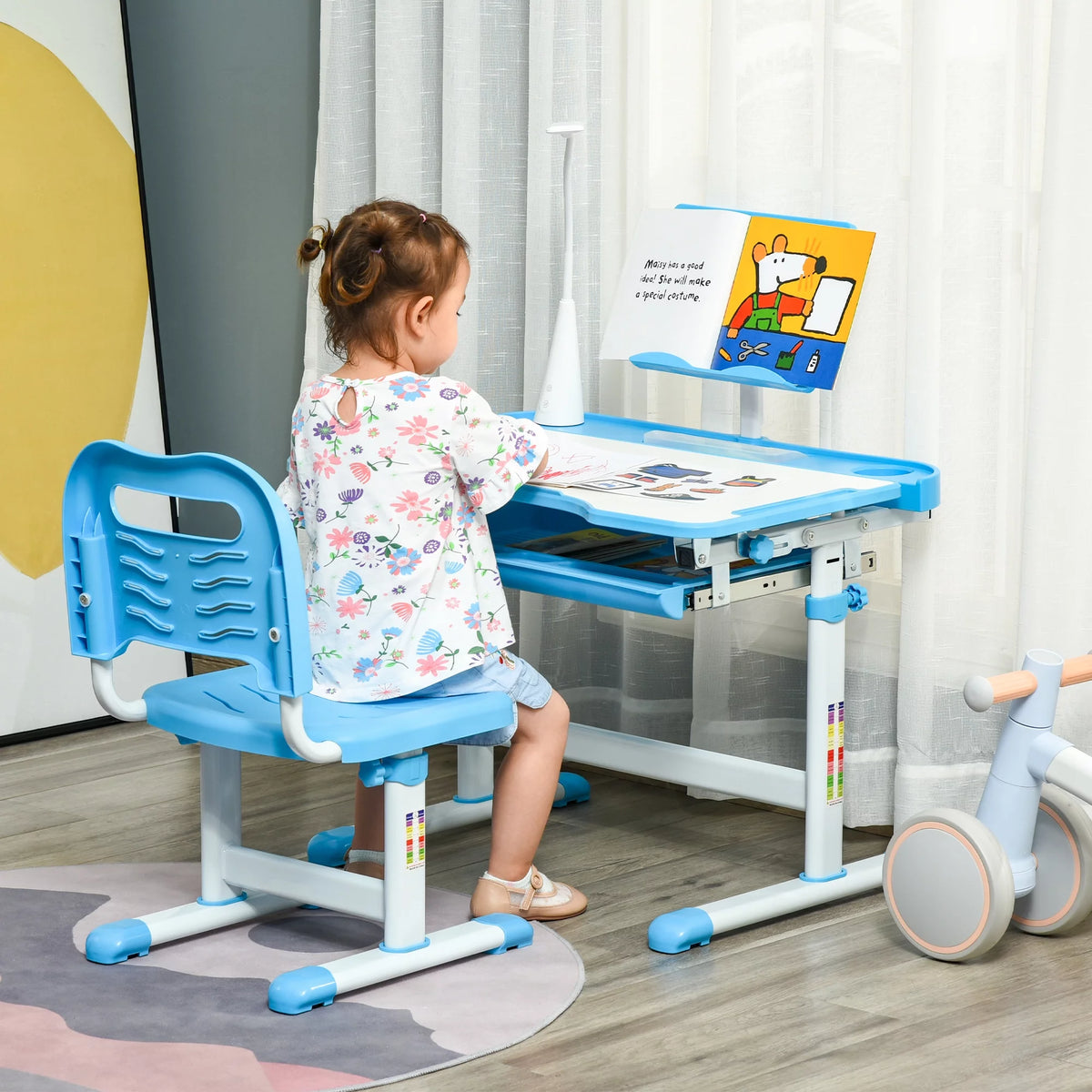 Kids Table and Chair Set with USB Lamp and Storage Drawer, Blue and White C889248