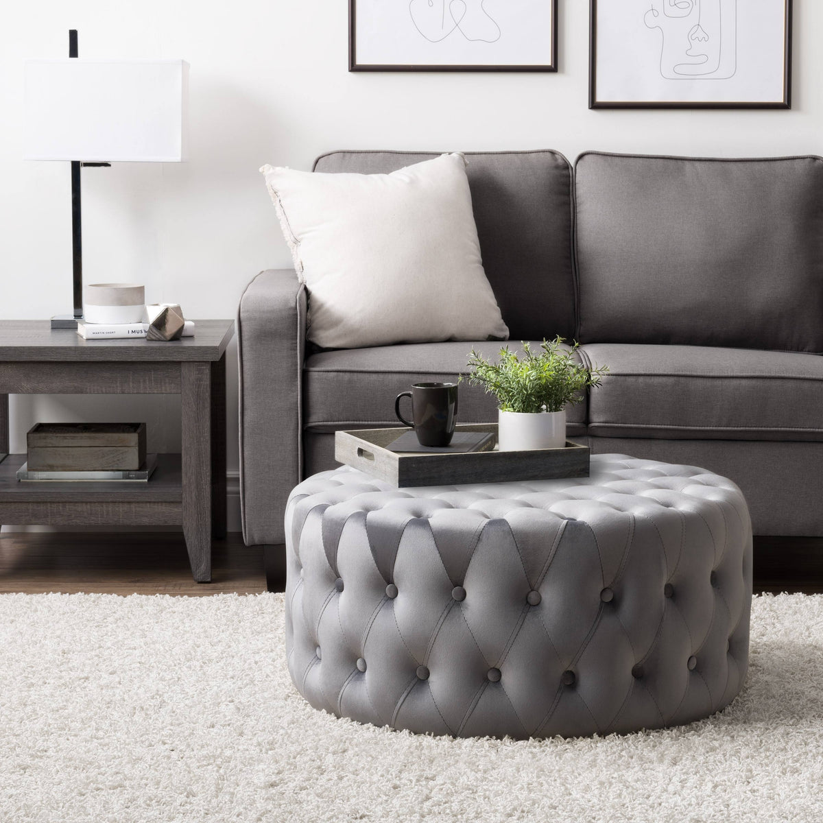 Blue Velvet Large Round Tufted Ottoman N15311