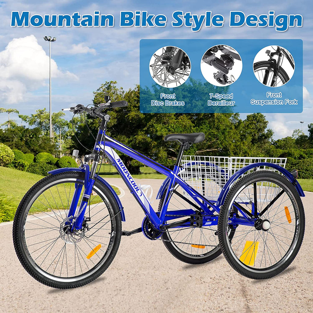 Adult Mountain Tricycle, 7 Speed Three Wheel Bike, 24/26/27.5 inch, 420 lbs H499691