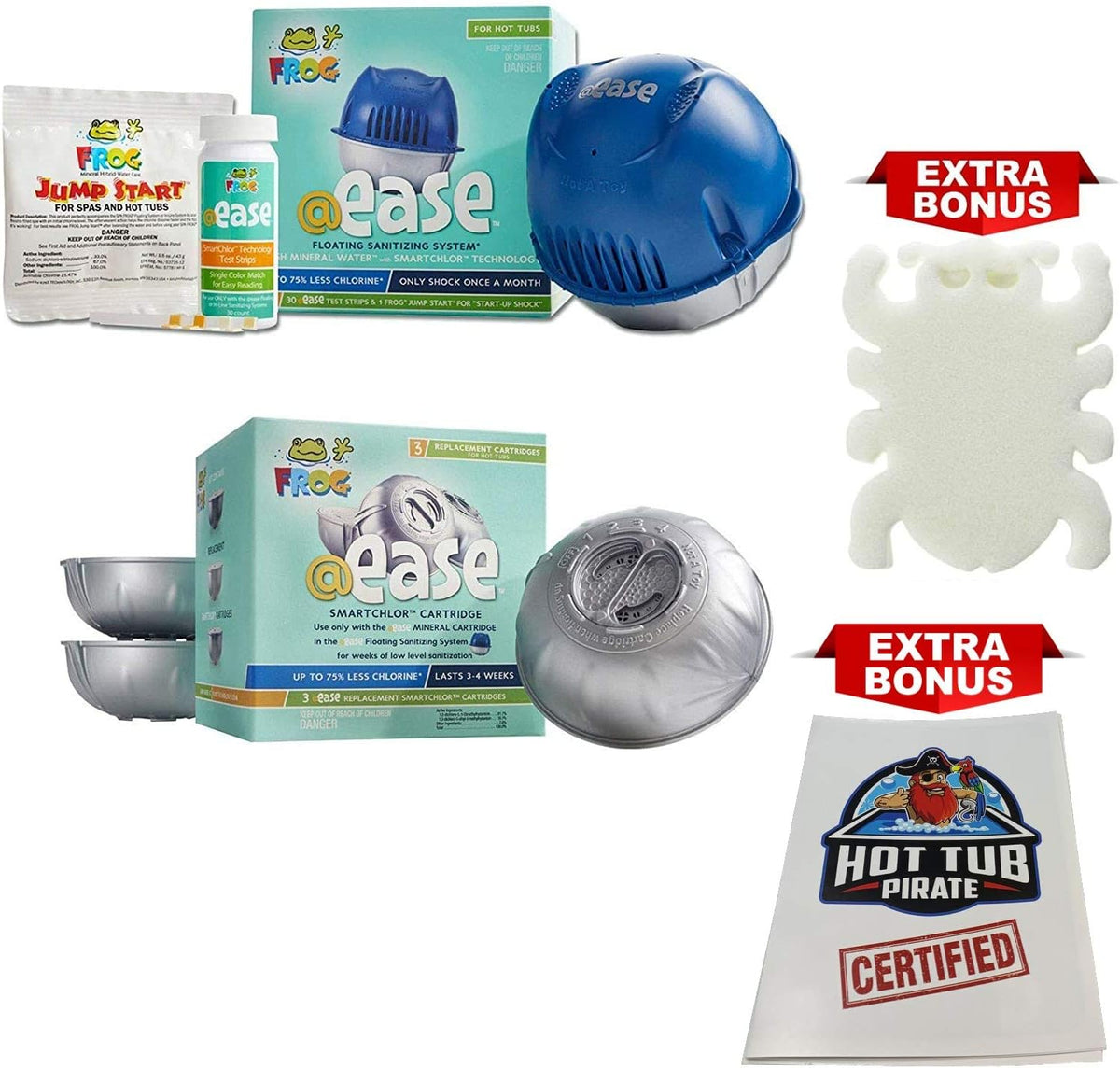 Frog @Ease Floating System with 3 Refill SmartChlor Replacement Mineral Cartridges, Jump Start Shock and 30 Test Strips with Bonus White Spa Thermometer U96796