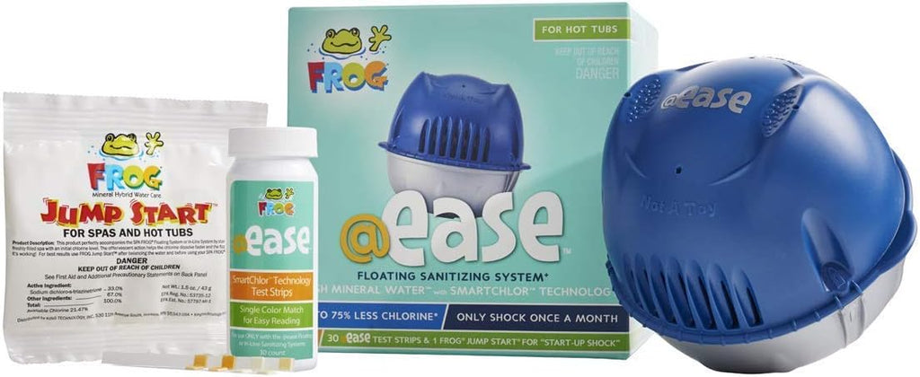 Frog @Ease Floating System with 3 Refill SmartChlor Replacement Mineral Cartridges, Jump Start Shock and 30 Test Strips with Bonus White Spa Thermometer U96796