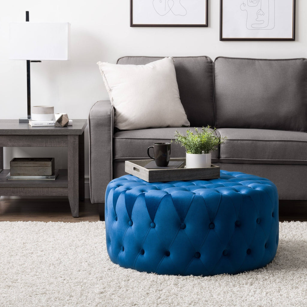 Blue Velvet Large Round Tufted Ottoman N15311