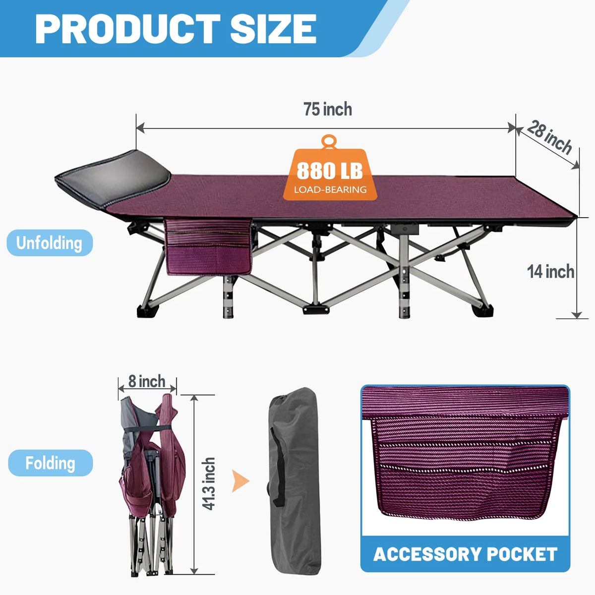 Portable Folding Camping Cot with Pearl Mattress and Carry Bag M555507