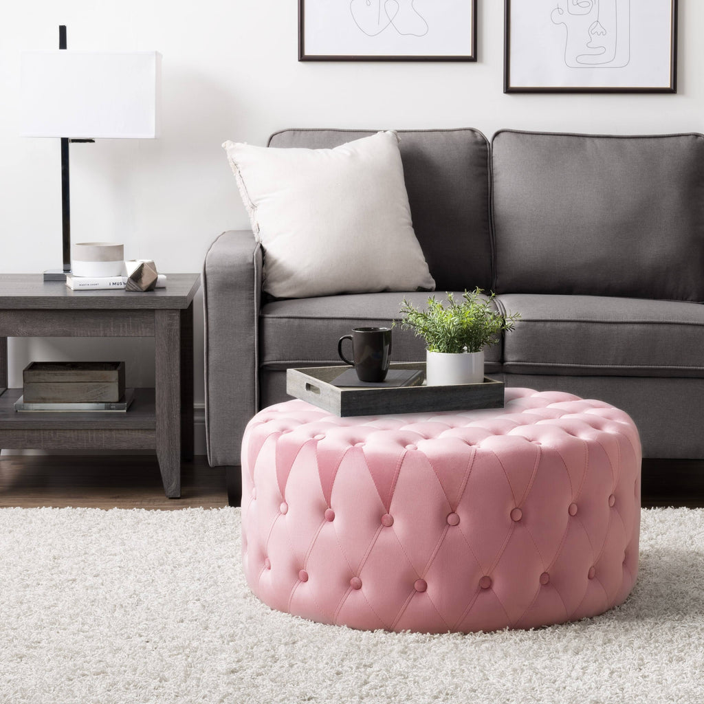 Blue Velvet Large Round Tufted Ottoman N15311