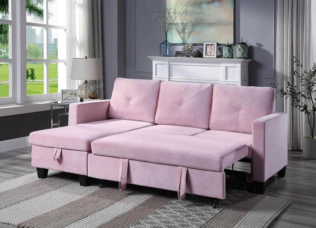 Pink Velvet Reversible Sleeper Sectional Sofa with Storage A1372