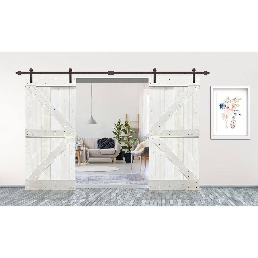 White Stained Solid Pine Wood Interior Double Sliding Barn Door with Hardware Kit V784026