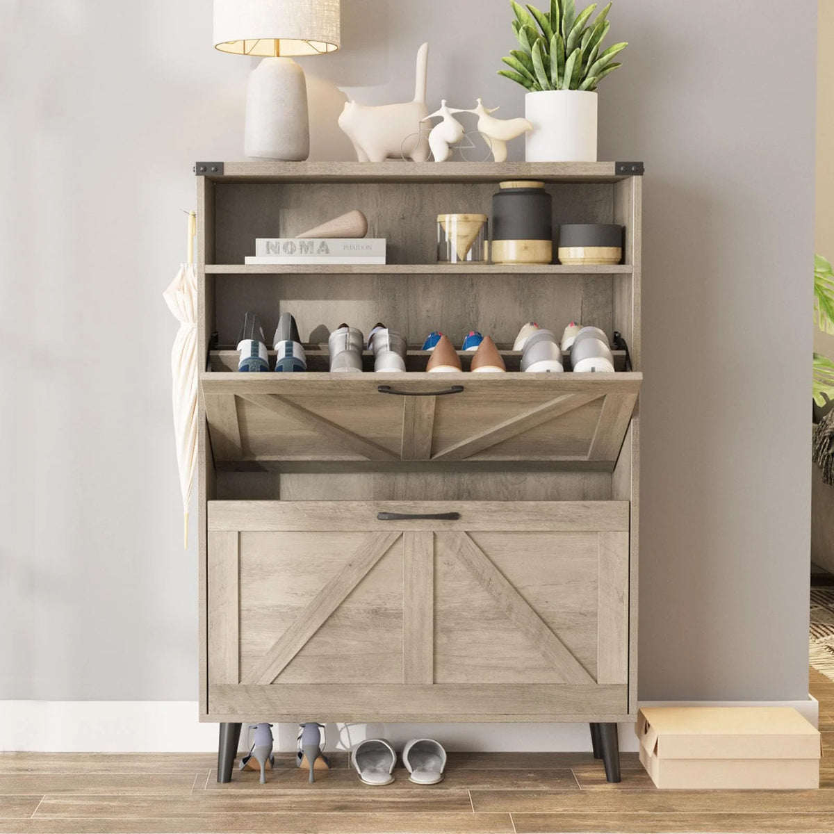 Grey Shoe Cabinet with 2 Flip Drawers S588797