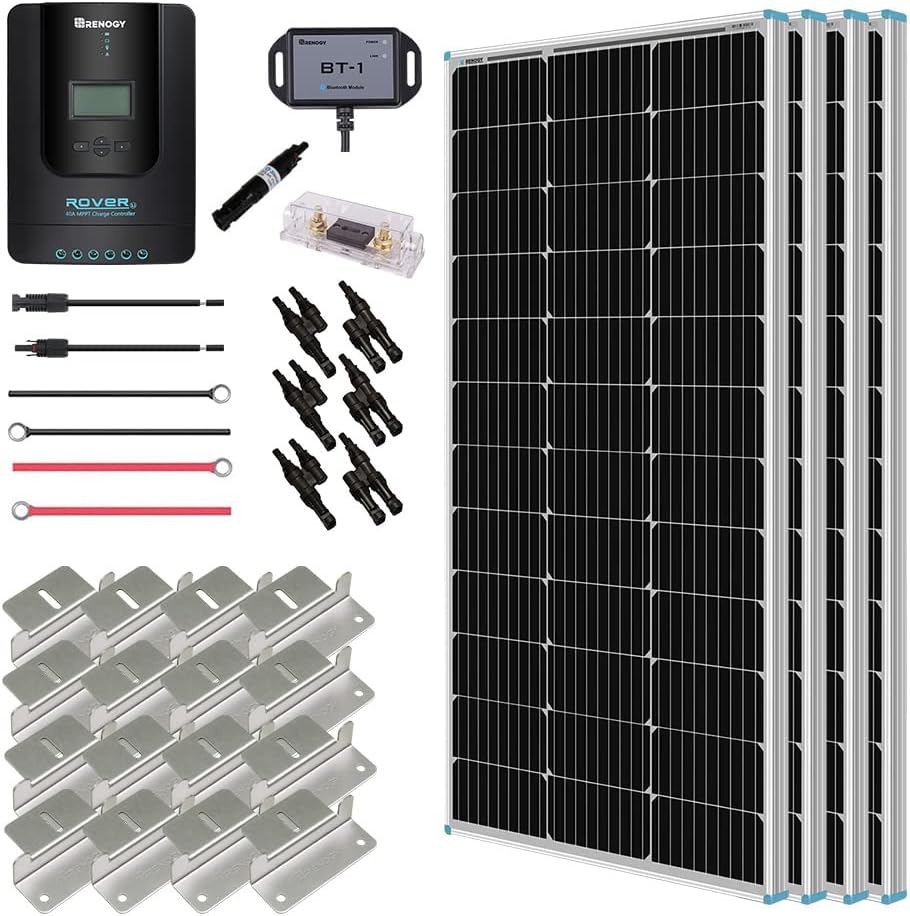 400 Watt 12 Volt 4 Pcs 100W Panel 40A MPPT Charge Controller Bluetooth Module Mounting Z Brackets Adaptor Kit Tray Cables Set Solar Power System W494