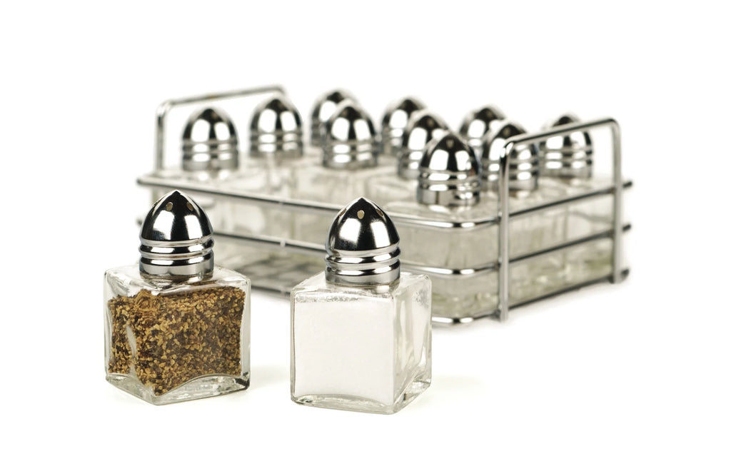 Silver Stainless Steel Mini Glass S and P Shakers with Rack Set of 12 F856595