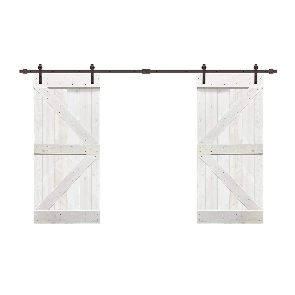 White Stained Solid Pine Wood Interior Double Sliding Barn Door with Hardware Kit V784026