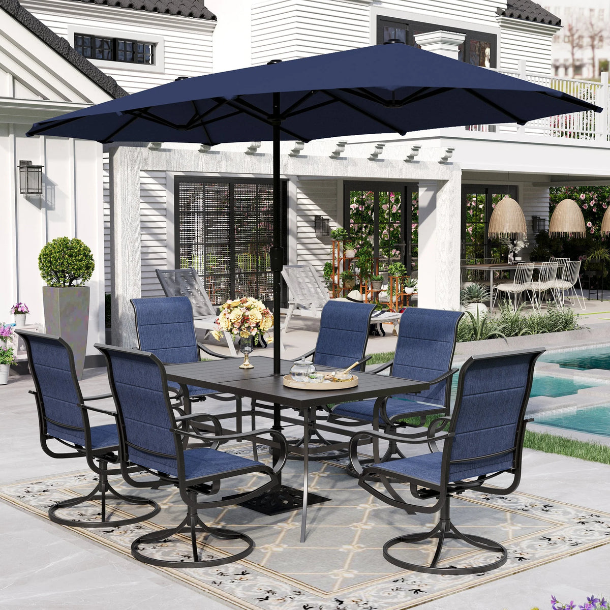 8-Piece Outdoor Patio Dining Set with Navy Umbrella I81705