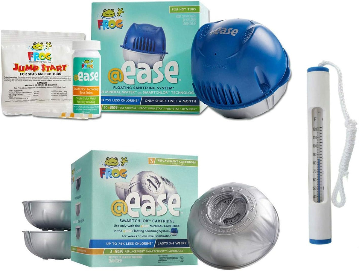 Frog @Ease Floating System with 3 Refill SmartChlor Replacement Mineral Cartridges, Jump Start Shock and 30 Test Strips with Bonus White Spa Thermometer U96796