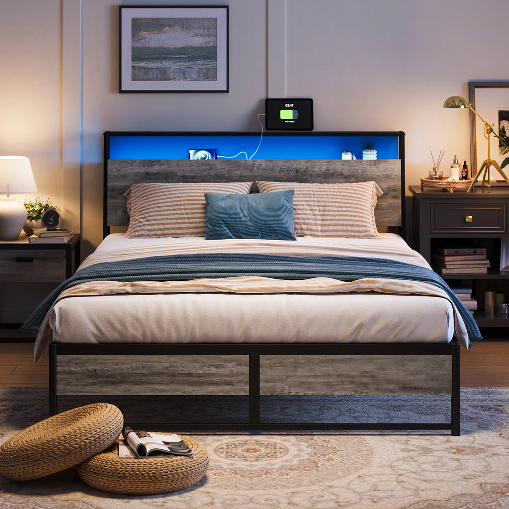 Full Size Metal Platform Bed Frame with Headboard and Storage Shelves C135