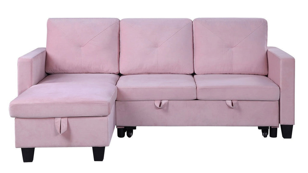 Pink Velvet Reversible Sleeper Sectional Sofa with Storage A1372