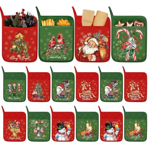 12 Pcs Christmas Pot Holders with Pocket Red and Green Heat Resistant Oven Mitts Z382378
