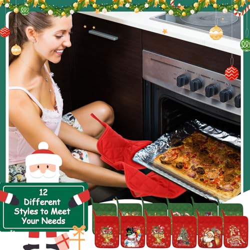 12 Pcs Christmas Pot Holders with Pocket Red and Green Heat Resistant Oven Mitts Z382378