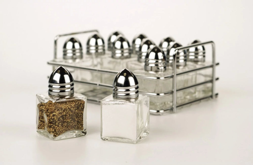 Silver Stainless Steel Mini Glass S and P Shakers with Rack Set of 12 F856595