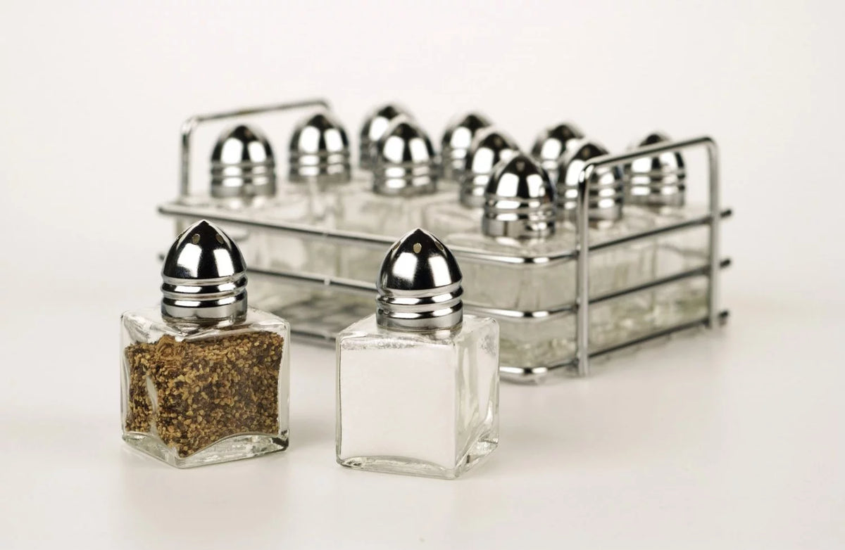 Silver Stainless Steel Mini Glass S and P Shakers with Rack Set of 12 F856595