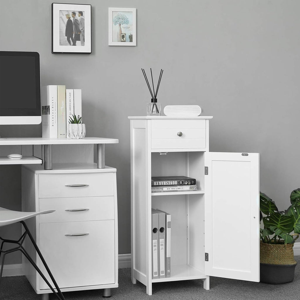 White Wooden Bathroom Floor Cabinet with Drawer and Adjustable Shelf B677580