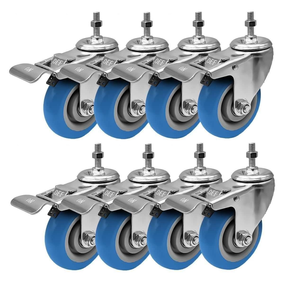 4 inch Blue Caster Wheel with Brake Dual Locking Threaded Stem Mount Polyurethane Wheel B395