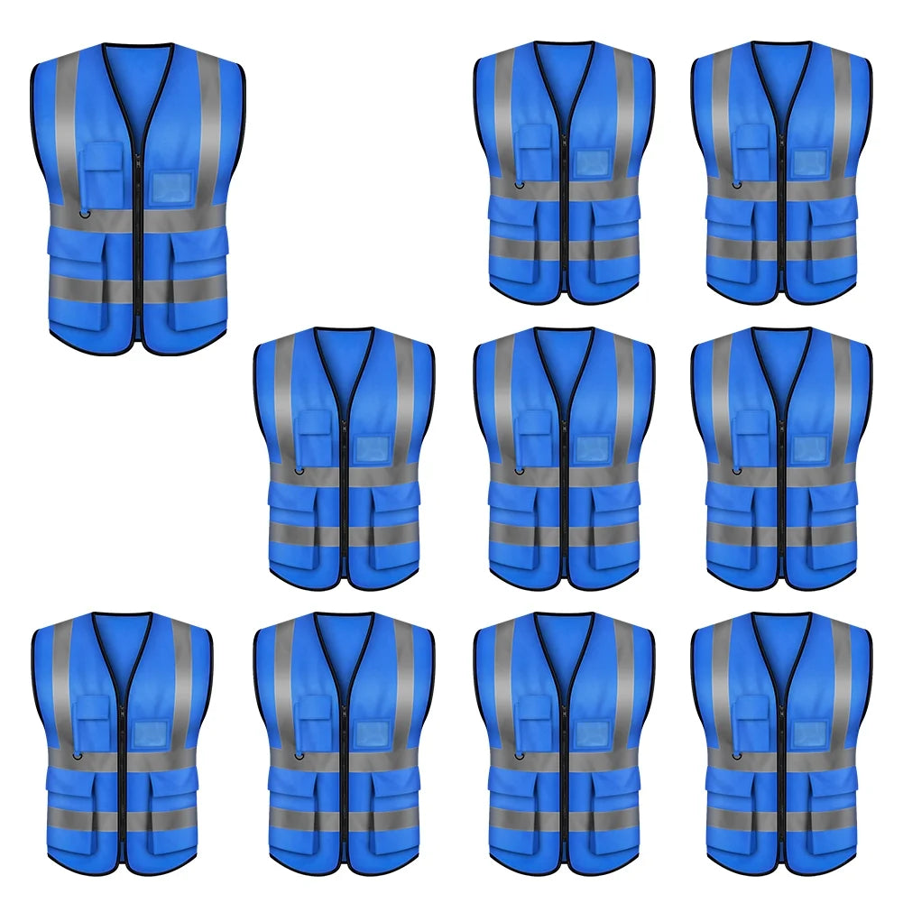 5 Pockets High Visibility Zipper Front Safety Vest with Reflective Strips, Pack of 10 B678