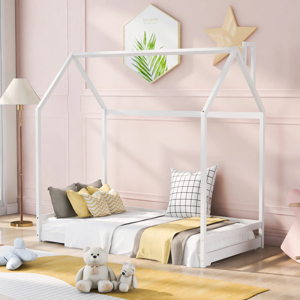 Twin Size White Wood House Bed N199