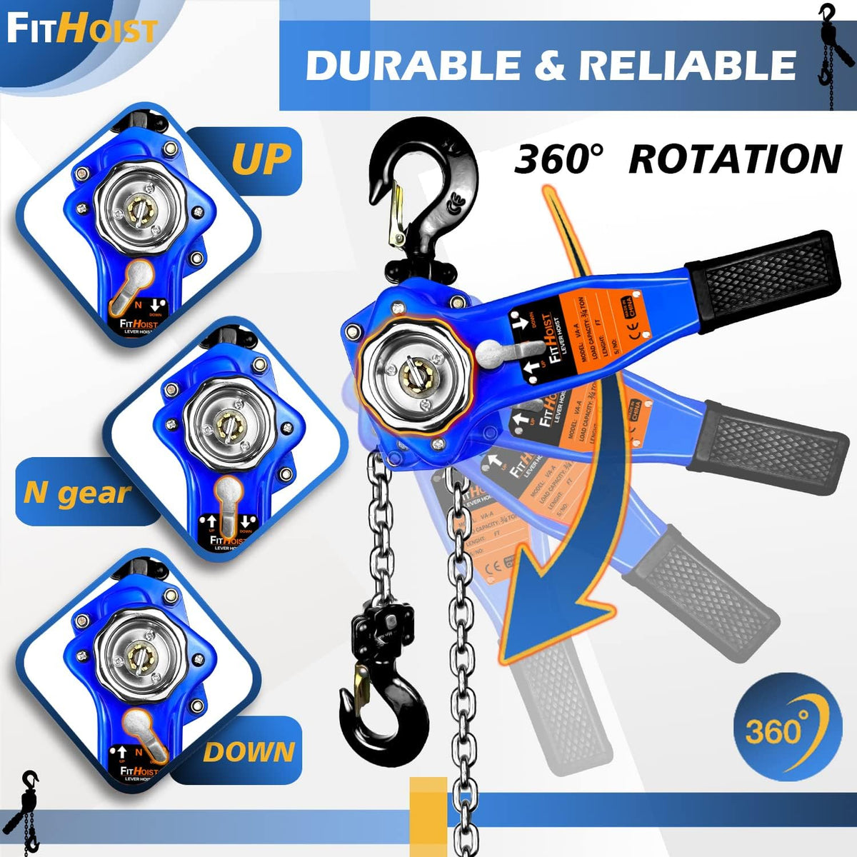 Lever Chain Hoist 1650LBS Capacity 10FT Manual Ratchet Chain Puller Hoist with 2 Hooks Pack of 2 L67926