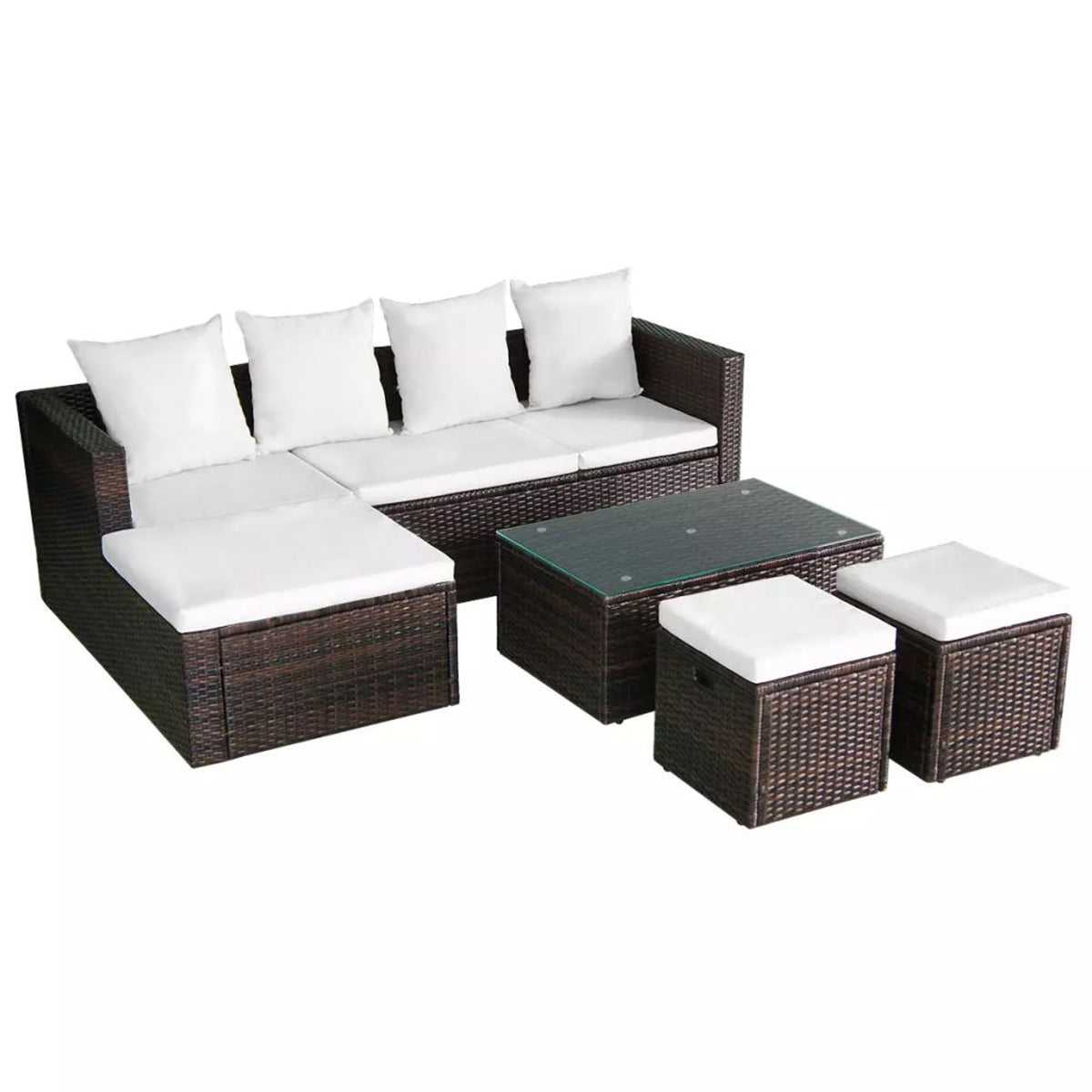 4 Piece Outdoor Conversation Set Cushioned Corner Sofa with Coffee Table and 2 Ottomans Brown Poly Rattan N51067