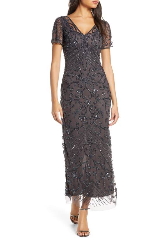 Beaded Mesh Column Gown Slate B755